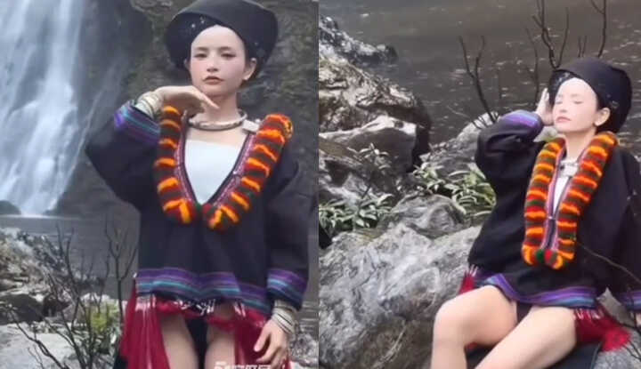 Miao ethnic waterfall girl goes viral online! Pure ethnic style collides with sexy thong in deadly borderline temptation that breaks out!