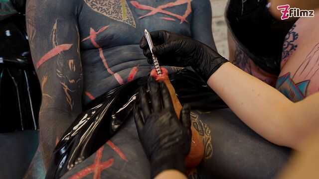3 Latex Femdoms dominate Tattooed Slave - Sounding, Ureta Fingering, Dominatrix